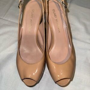 Stuart Weitzman nude patent leather peep-toe slingback wedge sandal